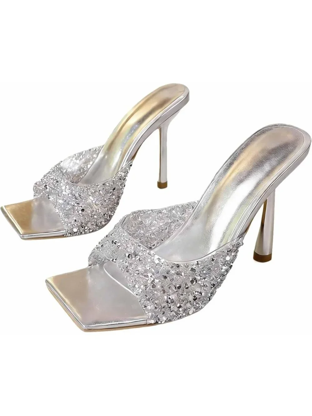 Women's Sliver Wide Strap Shiny Rhinestones Stiletto Sandals Square Open Toe